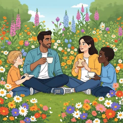 Family Enjoying Coffee and Snack in Vibrant Garden Setting