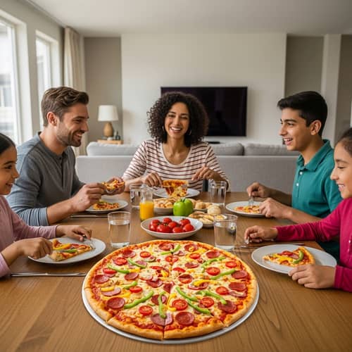 Family Dinner Scene with Homemade Pizza | Cozy Dining Room