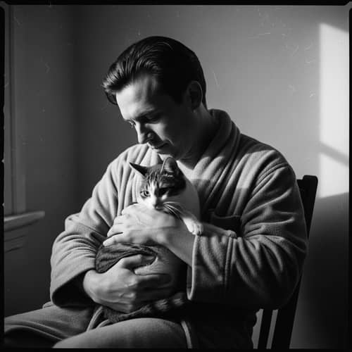 Vintage Black and White Portrait of Man with Cat