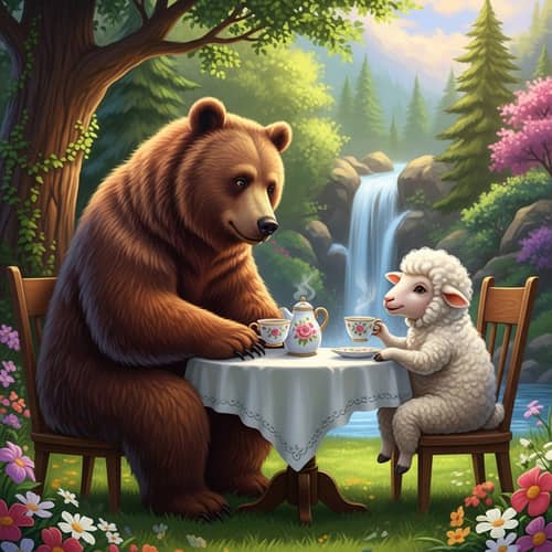 Bear and Sheep Tea Party: Whimsical Fairytale Scene
