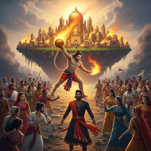 Mythological Art: Hanuman's Flaming Tail Sets Golden City Ablaze