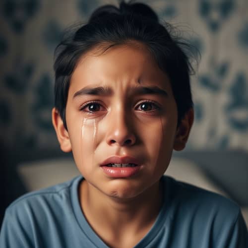 Scared Hispanic Boy Crying - Emotional Black-Haired Child