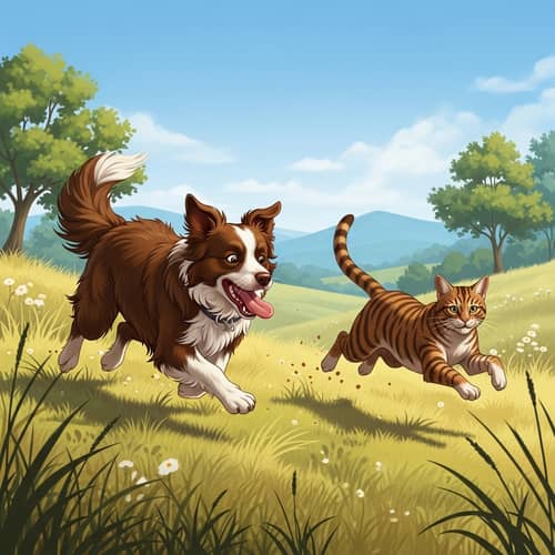 Vivid Border Collie and Agile Feline Chase in Natural Setting