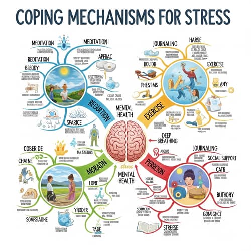 Coping Mechanisms for Stress - Mind Map with Meditation, Exercise, Journaling