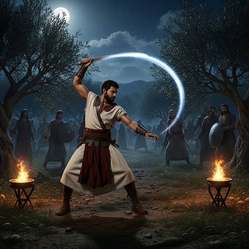 Ancient Israel Night Scene: Courageous Swordsman in Olive Grove