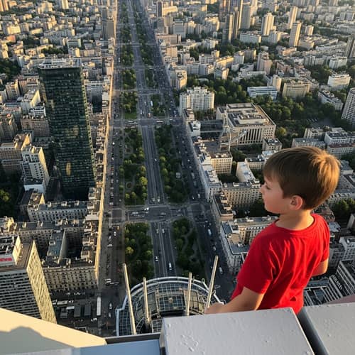 Young Boy in Red Shirt atop Skyscraper Overlooking City