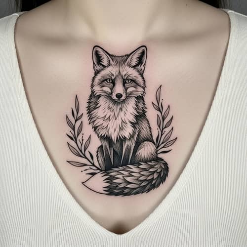 Intricately Designed Fox Tattoo on Woman's Chest
