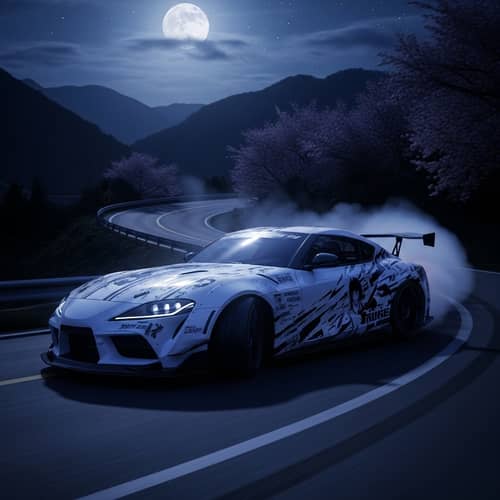 Dynamic White Sports Car Drifting on Japanese Mountain Road