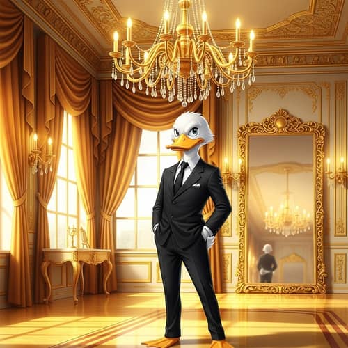 Dapper Anime White Duck in Elegant Gold Room