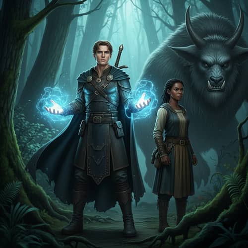 Magical Forest Encounter: Man with Powers and Woman Facing Giant Monster