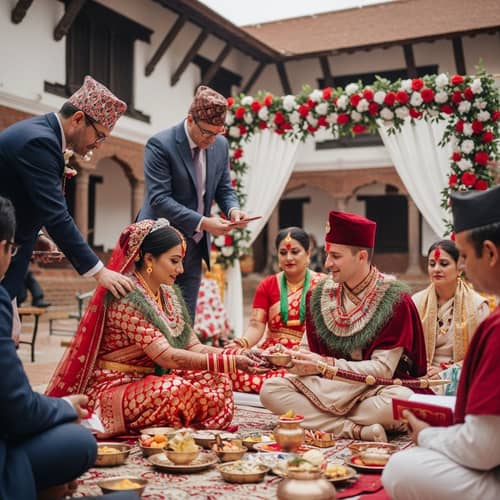 Traditional Nepali Wedding Ceremony in Decorated Courtyard