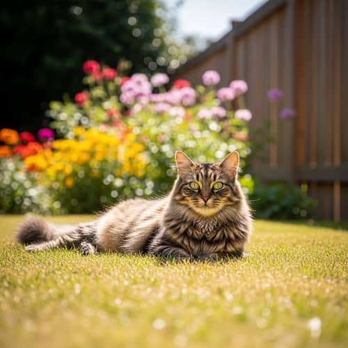 Fluffy Domestic Cat with Green Eyes in Vibrant Backyard Setting