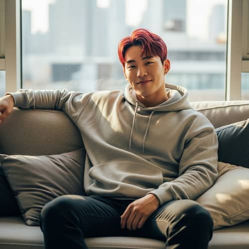 Young Asian Man with Red Hair Relaxing on Sofa