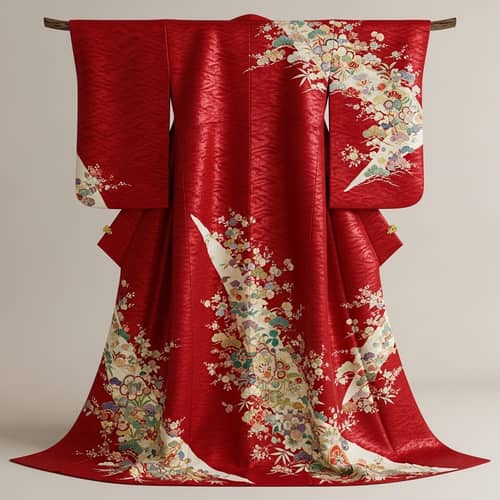 Traditional Japanese Kimono: Vibrant Vermillion Red Fabric Details