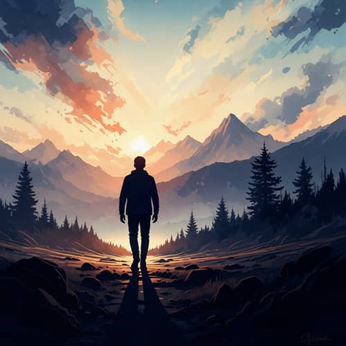 Silhouette Man Walking Towards Majestic Mountain Range | Nature-Inspired Artwork