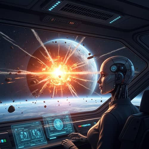 Feminine Humanoid AI in Spaceship Amidst Nuclear Destruction