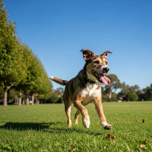 Playful Mixed Breed Dog Running in Grass - Joyful Pet Action