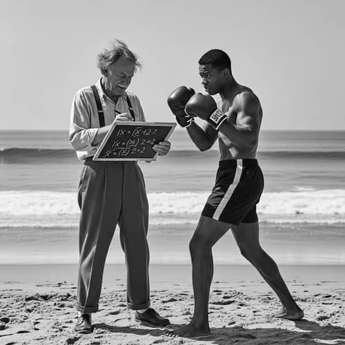 Vintage Beach Scene - Mathematical Genius and Boxer Enjoying the Sunshine