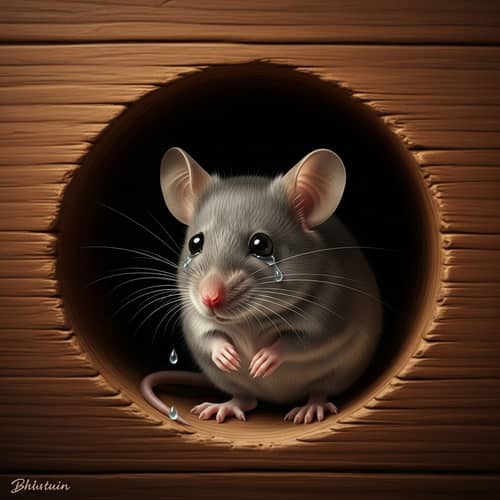Professional Gray Mouse in Wooden Burrow with Teardrops - Hyperrealism