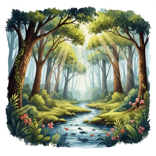 Tranquil Forest with Sunlight & Babbling Brook | Watercolor Scene
