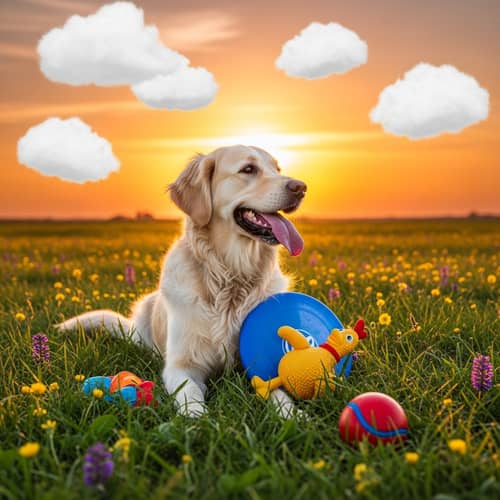 Playful Golden Retriever Dog in Lush Green Field at Sunset