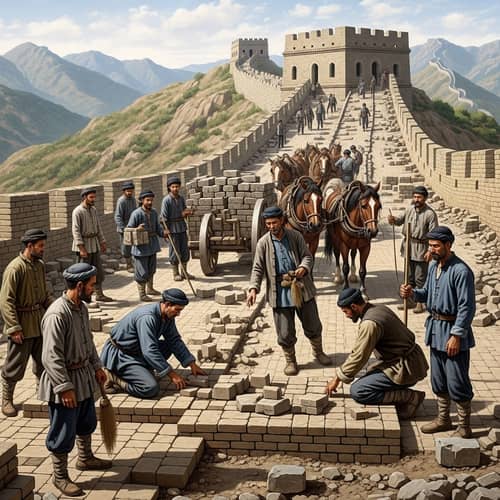 Construction of Great Wall of China: Diverse Workers Building Monument