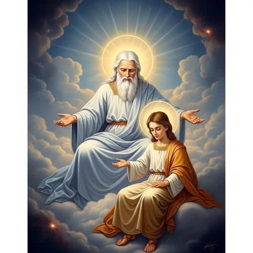 Spiritual Oil Painting of God and Son in Heavenly Scene