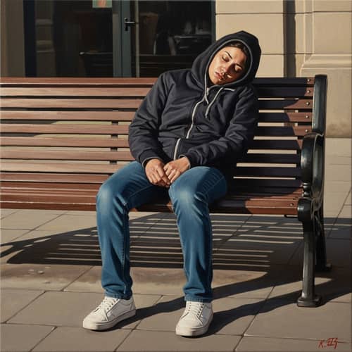 Realistic Oil Painting of Tired Person Sitting on Park Bench
