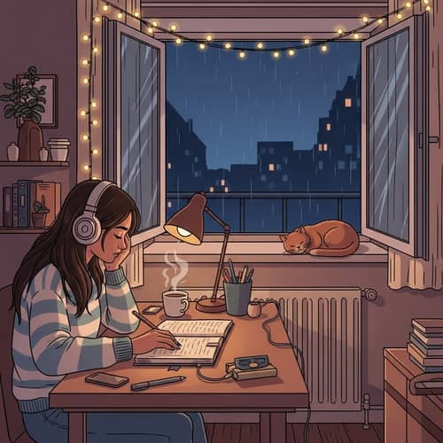 Young Hispanic Woman Studying in a Cozy Room with Lofi Theme