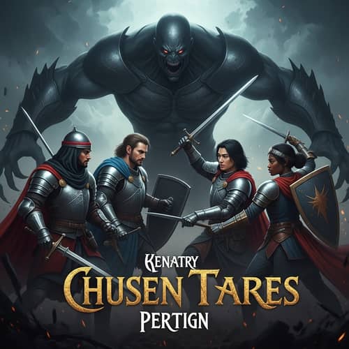 Medieval Fantasy Album Cover with Battle of Heroes vs Villain