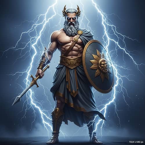 Powerful Mythological Figure with Lightning Bolts | 1024x640px