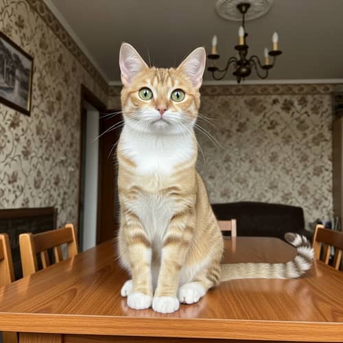 Lively Honey and White Striped Cat on Wooden Table