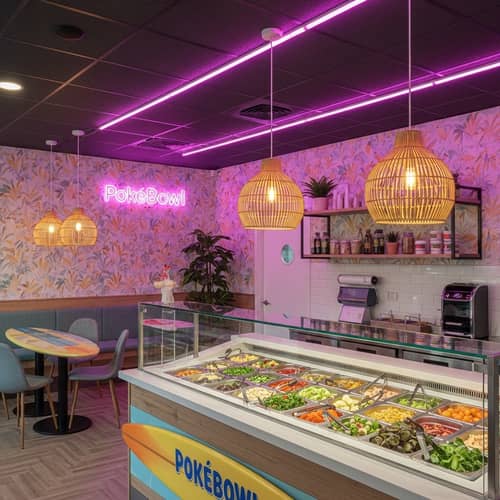 Tropical PokeBowl Shop with Pink Neon Lights | Fresh Ingredients