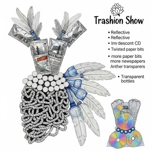 Trashion Show Dress Design: Sachets, Feathers, Newspaper, Bottle Caps