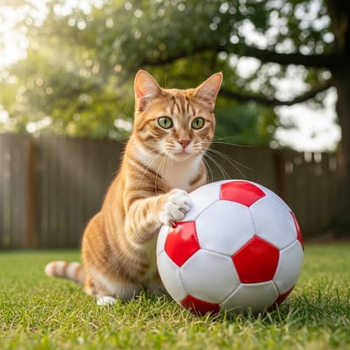 Playful Domestic Feline Playing with Soccer Ball in Lush Backyard