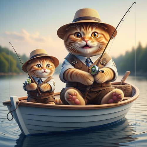 Ginger Scottish Fold Cat and Kitten Fishing in Boat