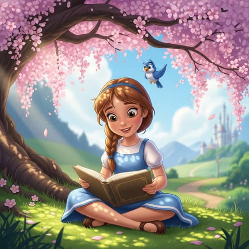 Young Girl Reading Book Under Blossoming Tree - Enchanting Scene