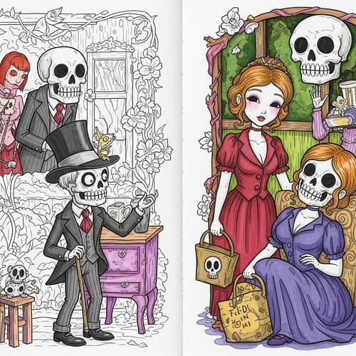 Quirky Coloring Book Page on Mortality with Humor