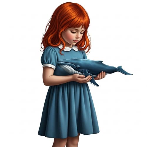 Realistic Model Girl with Red Hair Holding Tiny Whale
