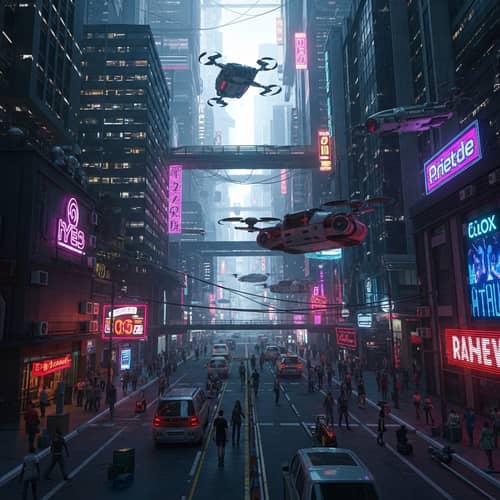 Futuristic Cyberpunk Cityscape with Neon Lights and Aerial Automobiles