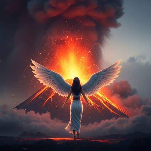 Winged East Asian Woman Facing Volcanic Eruption