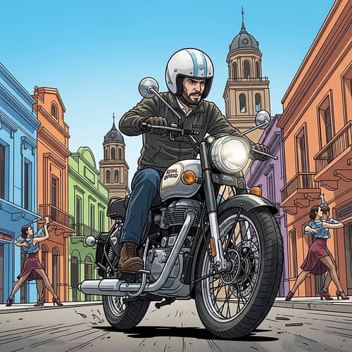 Argentinean Motorcyclist Riding Royal Enfield in Vibrant City