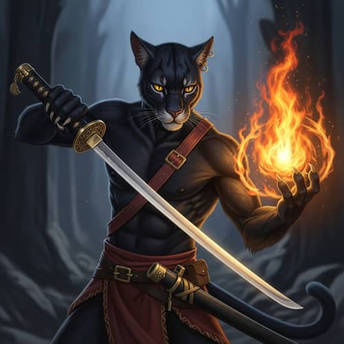 Fantasy Black Catman with Katana | Captivating Martial & Magical Scene