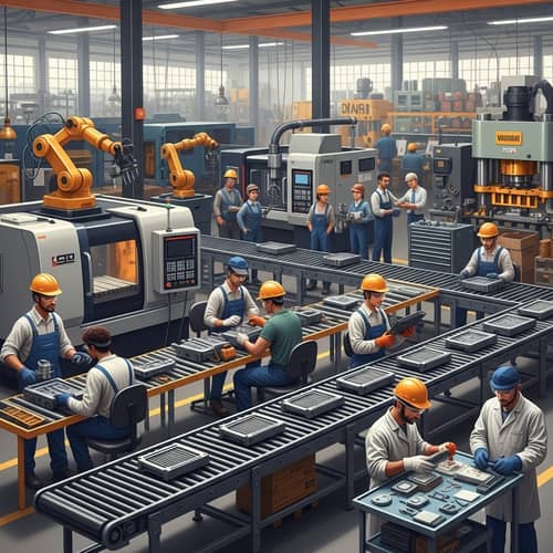 Manufacturing Process Illustration in a Large Factory Setting