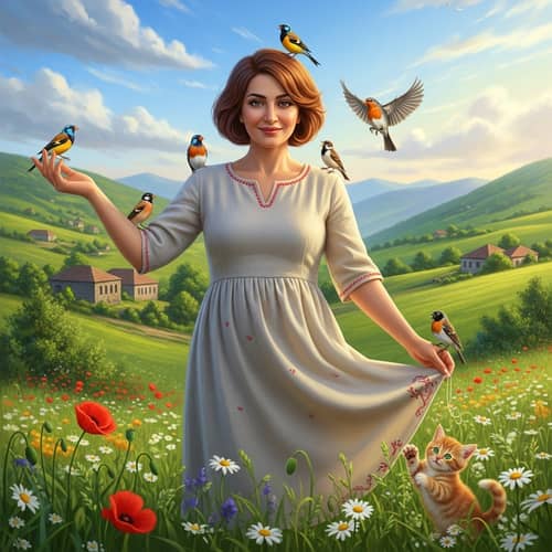 Serene Scene: 45-year-old Armenian Woman with Auburn Bobbed Hair