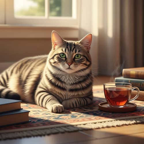 Tranquil Tabby Cat Enjoying Sunshine on Vintage Rug