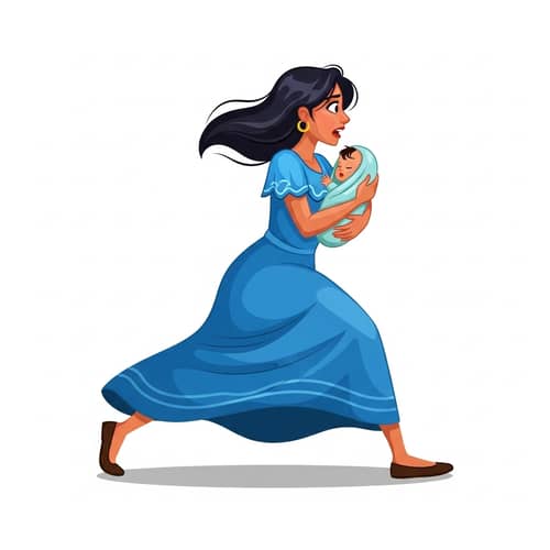 Hispanic Woman Running with Baby in Blue Dress