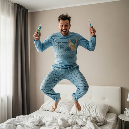 Male Scientist Bouncing Joyfully with Toothpaste Tube and Toothbrush