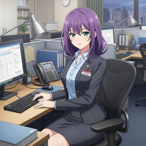Professional Anime Art: Purple-haired Girl in Office Setting