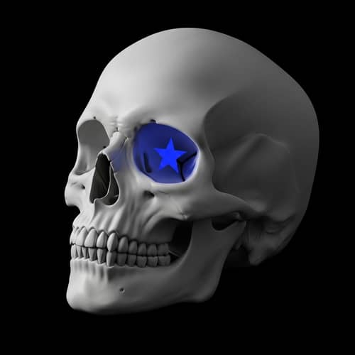 Eerie Humanoid Skull with Glowing Blue Star